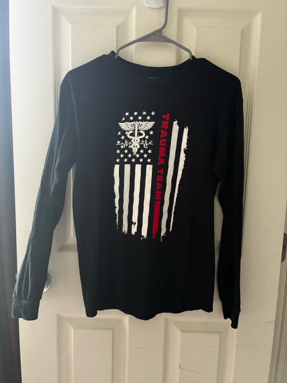 Black 'Trauma Team' Graphic Long Sleeve Tee with Flag Design
